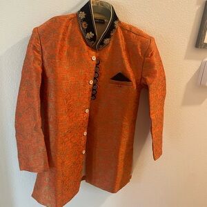 Orange Beaded Formal Bandhgala Suit Indian Wedding Party Jacket Boys 7